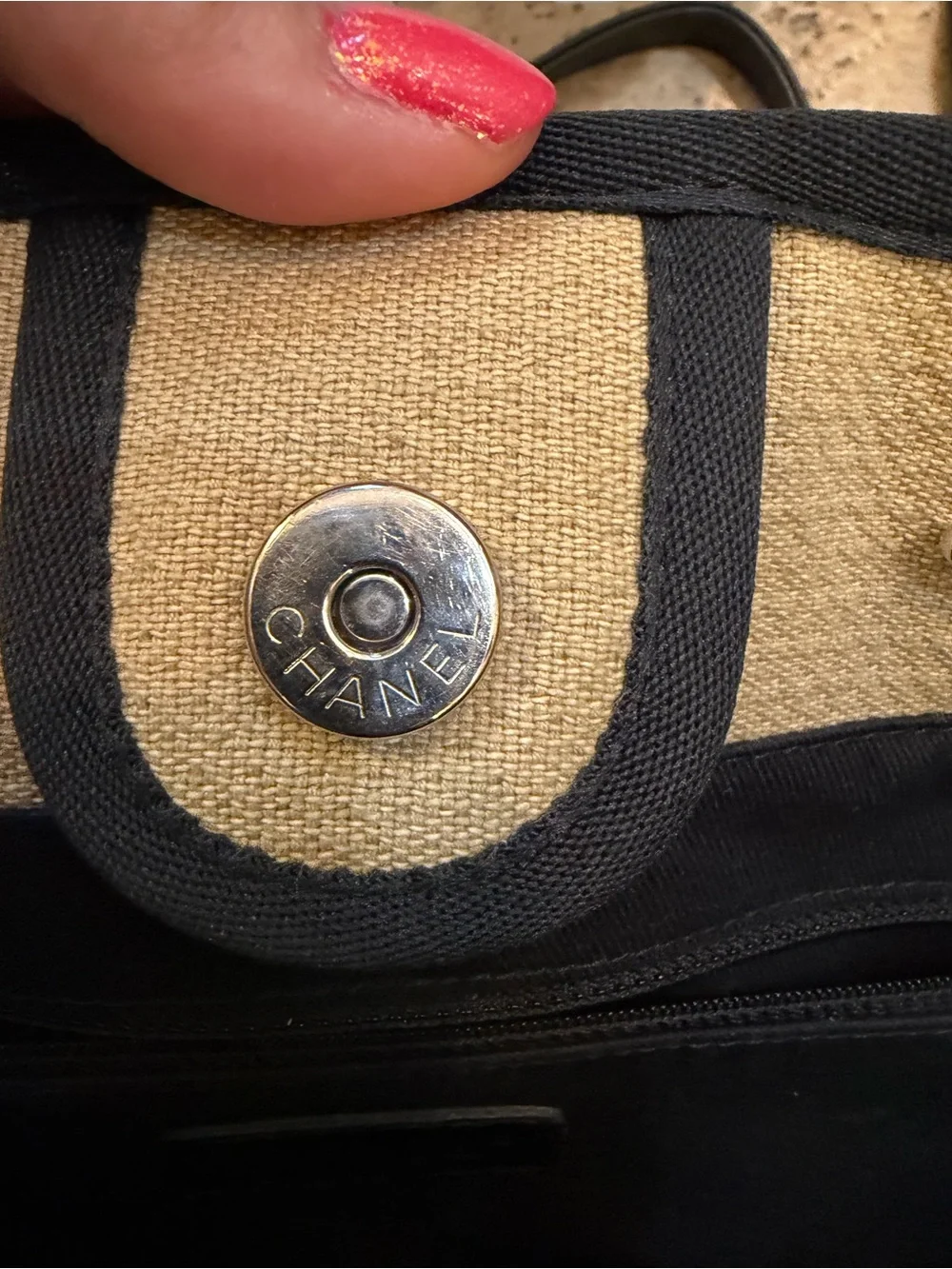 CHANEL small Beige Canvas Logo Tote with Black Trim and Chain Straps - Picture 10 of 16